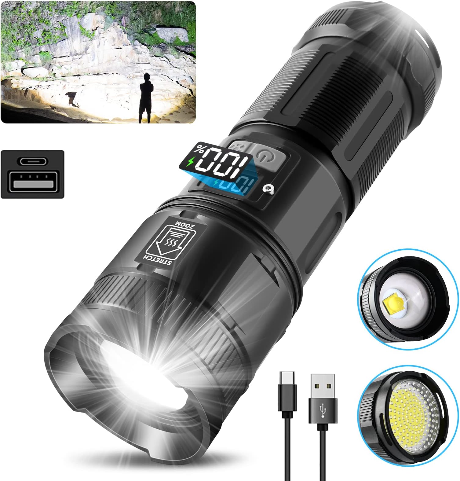 Rechargeable Flashlights High Lumens, 3000 Lumens Super Bright Led Tactical Flashlights with COB Work Light, High Powered Flashlight, Powerful Handheld Flashlights for Emergencies Camping Hiking