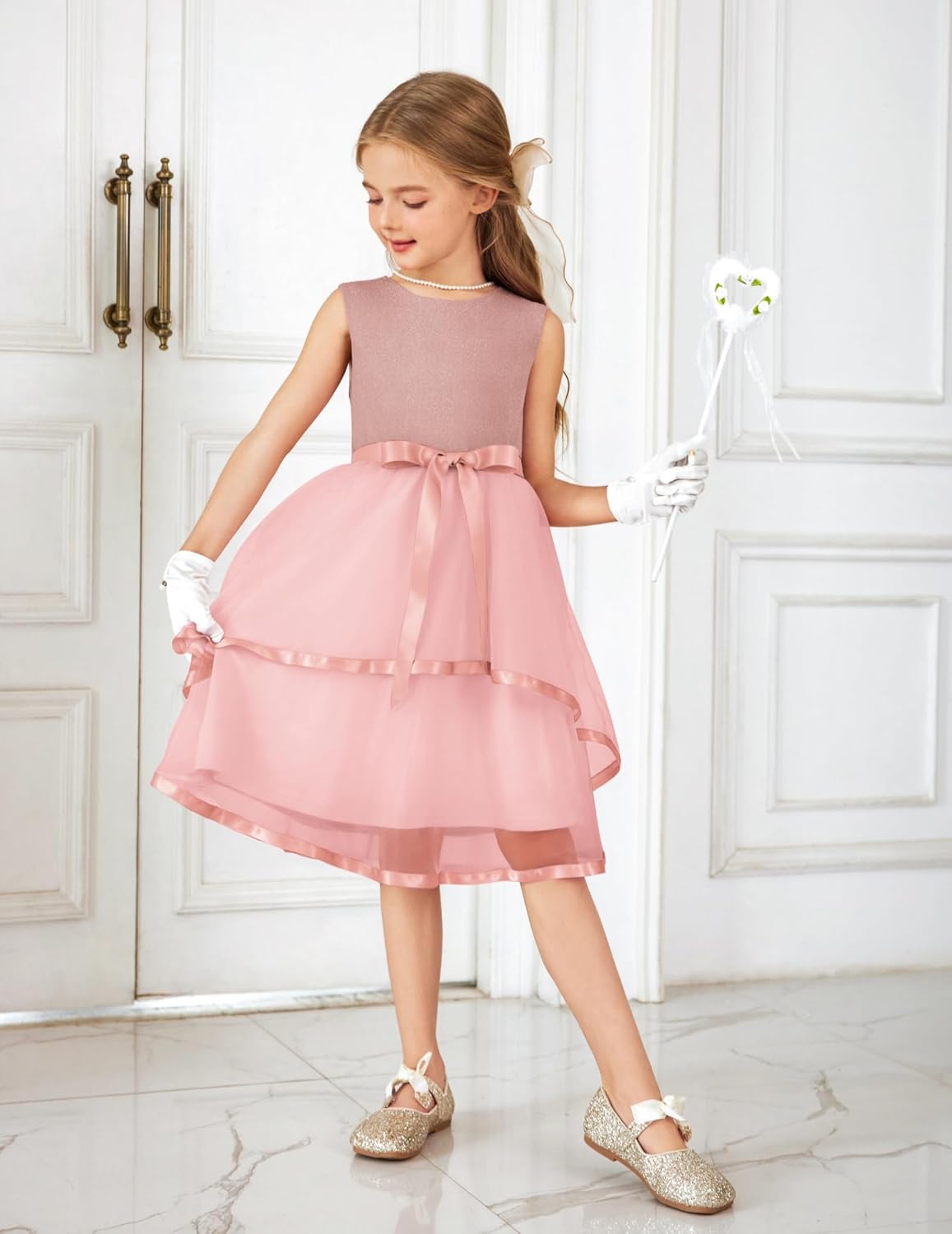 Arshiner Girls Dress Formal Party Fluffy Tulle Sleeveless Belted Dresses Size 3-11Y - Image 2