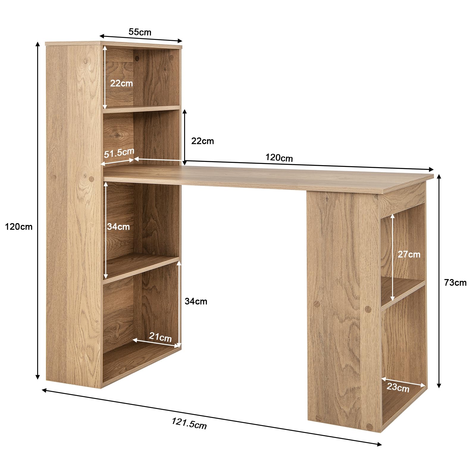 GYMAX Scrivania per Computer Reversibile da 121,5cm con 6 Ripiani, Scrivania con Libreria a Muro, Scrivania Moderna da Studio con Libreria per Casa e Ufficio, Design Salvaspazio (Natuale)