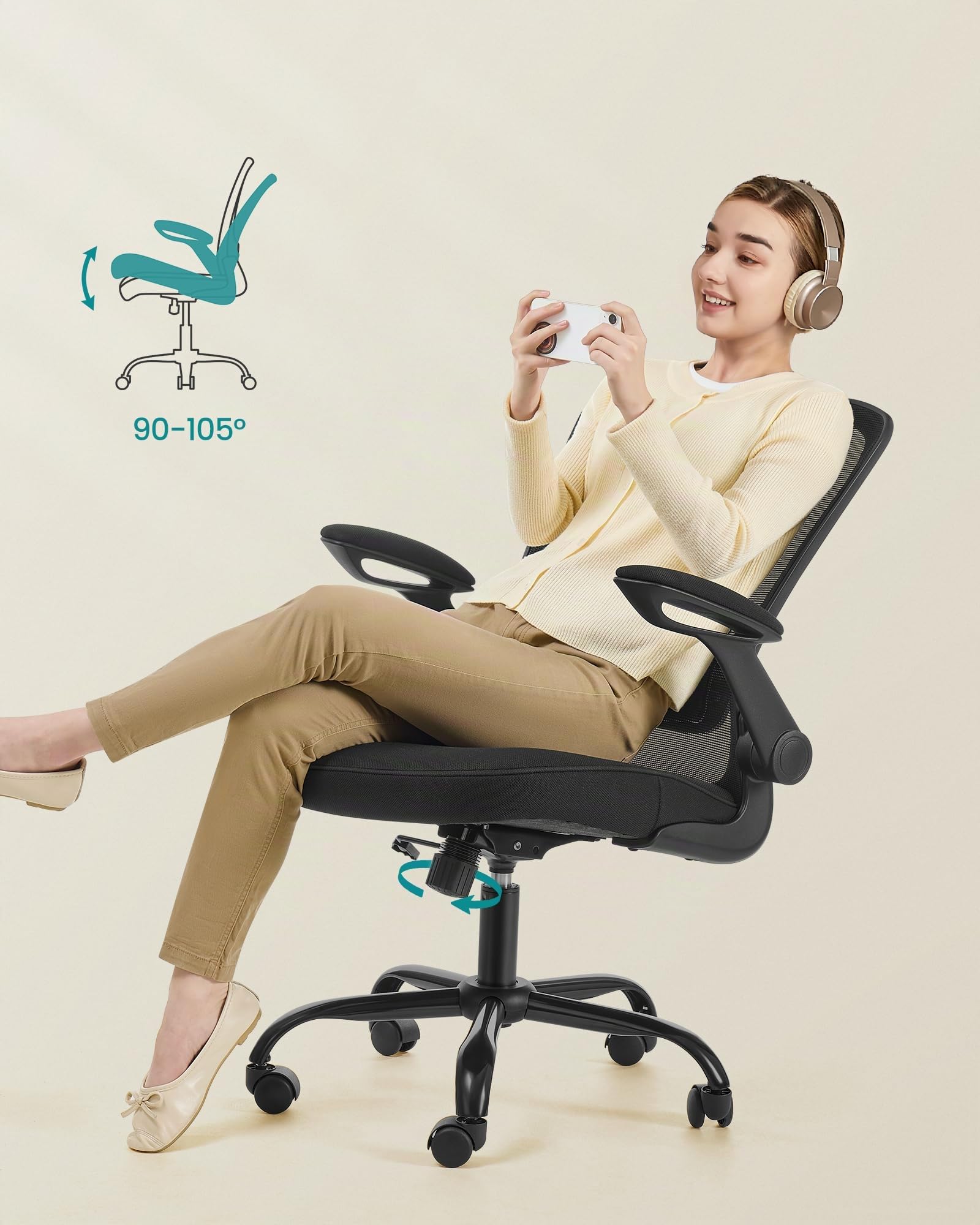 SONGMICS Sedia da Ufficio Girevole, Sedia di Rete da Computer Ergonomica, Supporto Lombare, Oscillante, Seduta 53 cm, Braccioli Pieghevoli, Nero OBN37BK