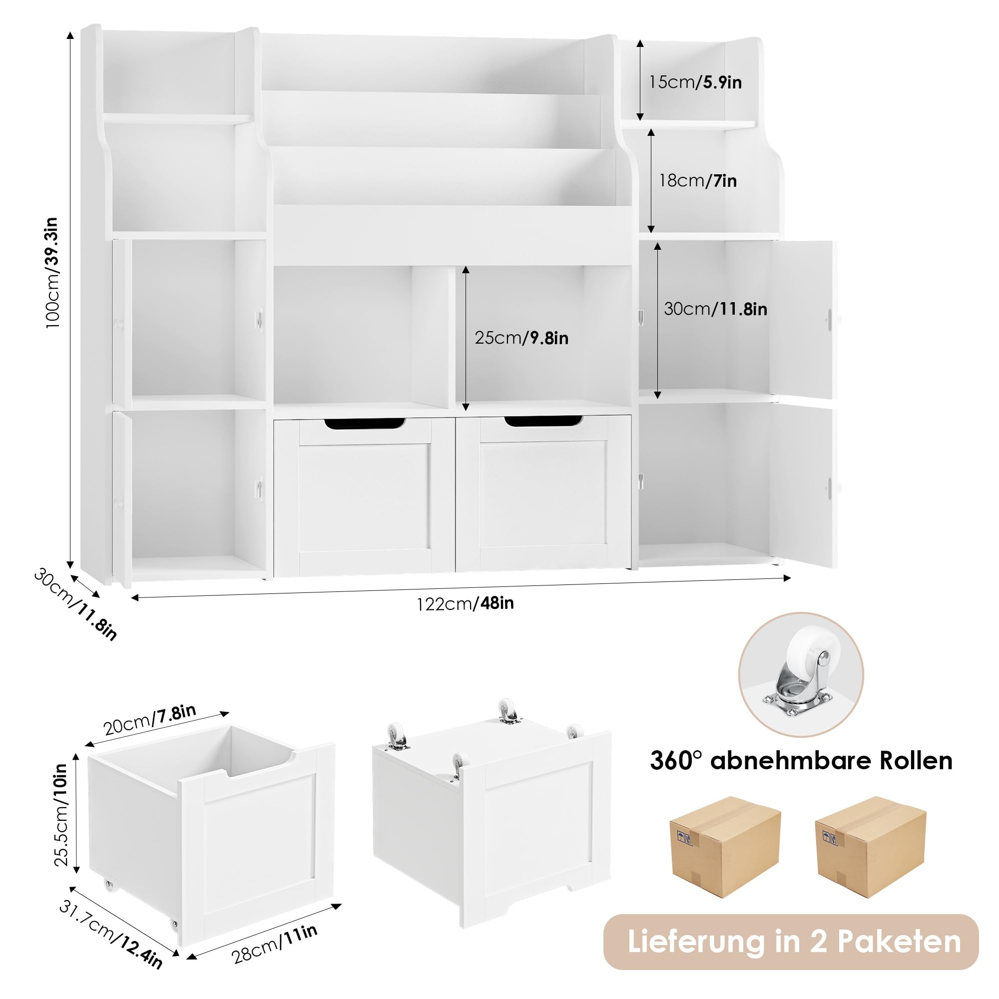 FOREHILL Kinderregal mit Bücherregal Kinderzimmer Möbel aus Holz Bücherregal für Kinder mit Aufbewahrungsbox Kinderschrank mit 2 Spielzeugkiste auf Rollen 122 x 30 x 100 cm