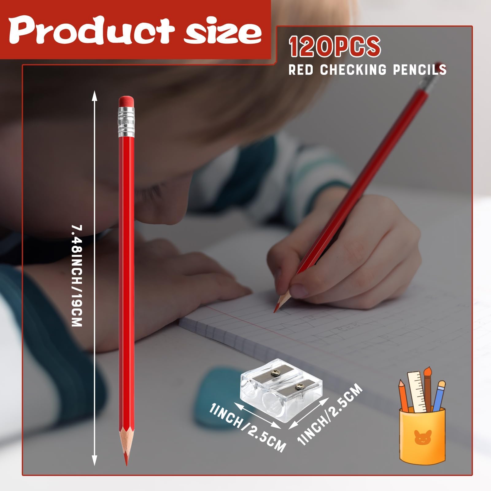 Lot de 120 crayons de couleur effaçables avec gomme pré-taillée 2 HB pour vérification, évaluation, tests et fournitures de bureau/scolaire (rouge)