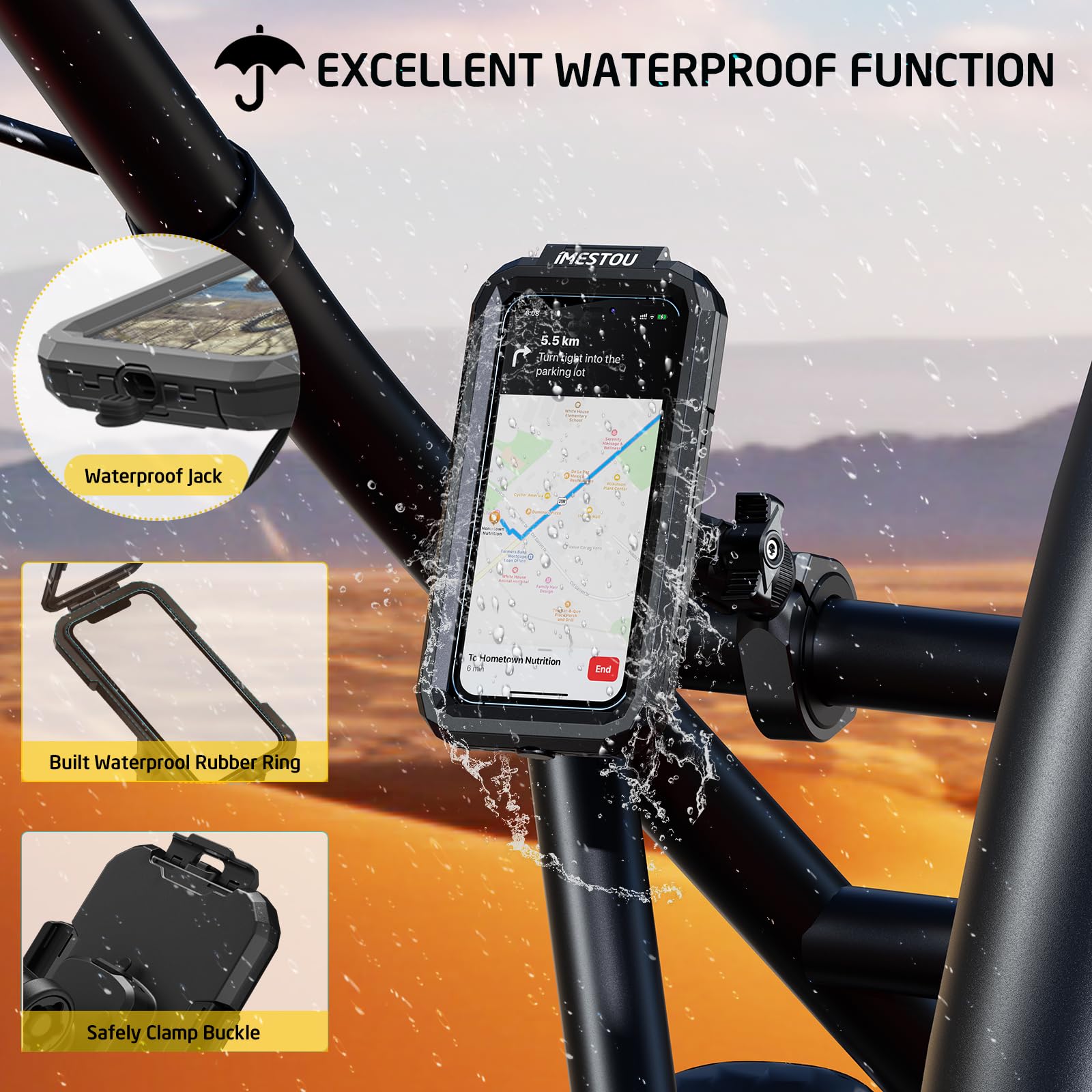 iMESTOU Waterproof ATV Phone Mount with Anti-Theft Design and 360° Rotation 1“ Ball Base Fits for ATV UTV 1.5''/1.75''/1.85''/2''/2.1'' Handlebars, Suitble for 3.5"-6.1" Smartphones (Size S)