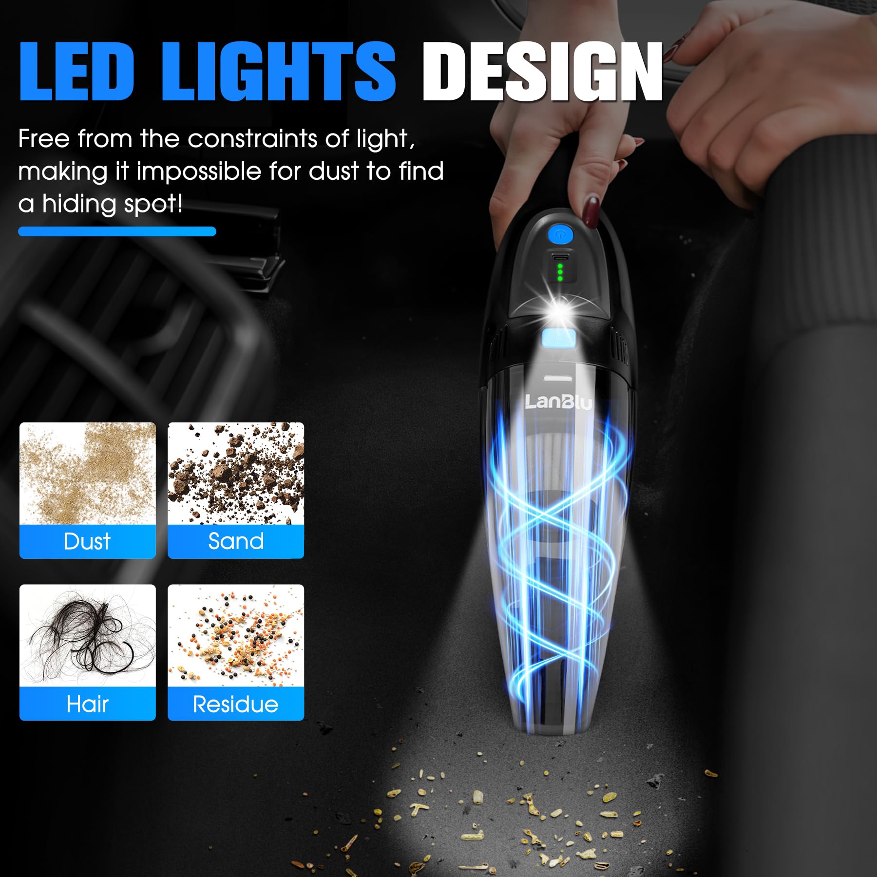 LanBlu 25000Pa Aspirapolvere Auto con Stazione di Ricarica & LED per Casa | Bagnato e Asciutto Aspirapolvere Portatile con 2 Filtro, 8000mAh 120W Aspirapolvere Auto Potente per Cucina Animali
