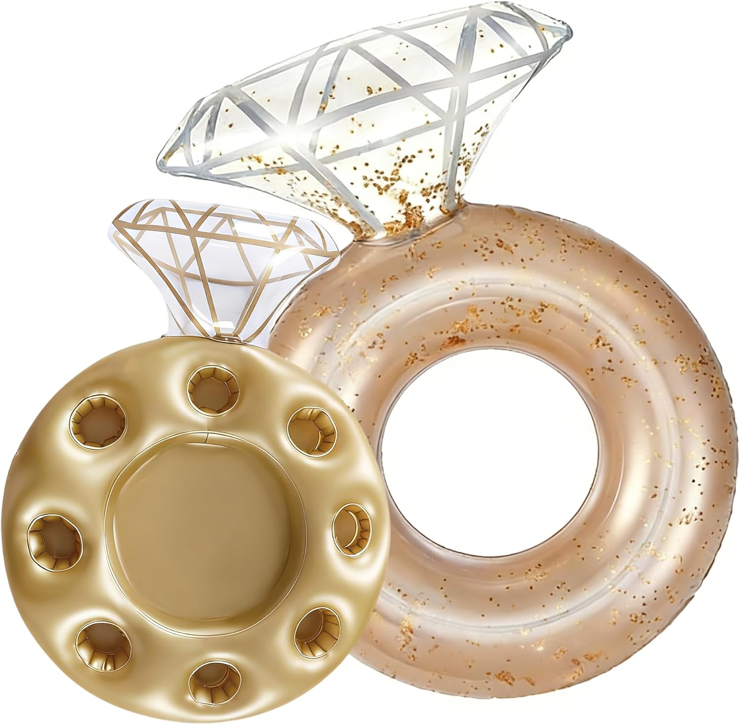 Inflatable Diamond Ring Pool Float with Gold Glitter, Giant Engagement Ring Floatie Tube for Adults