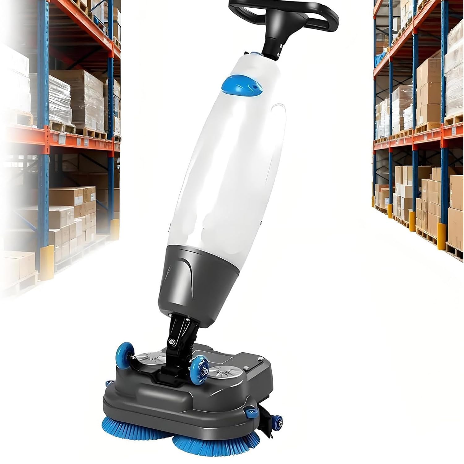 Lavapavimenti elettrica professionale, 43 cm (17") con operatore a terra, doppie spazzole e testina rotante a 360°, ideale per cemento, casa, ufficio e hotel.
