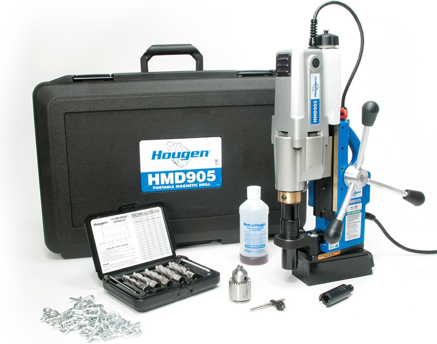Hougen HMD905S 115-Volt Swivel Base Magnetic Drill with Coolant Bottle Plus 1/2" Drill Chuck, Adapter and 12002 Rotabroach Cutter Kit