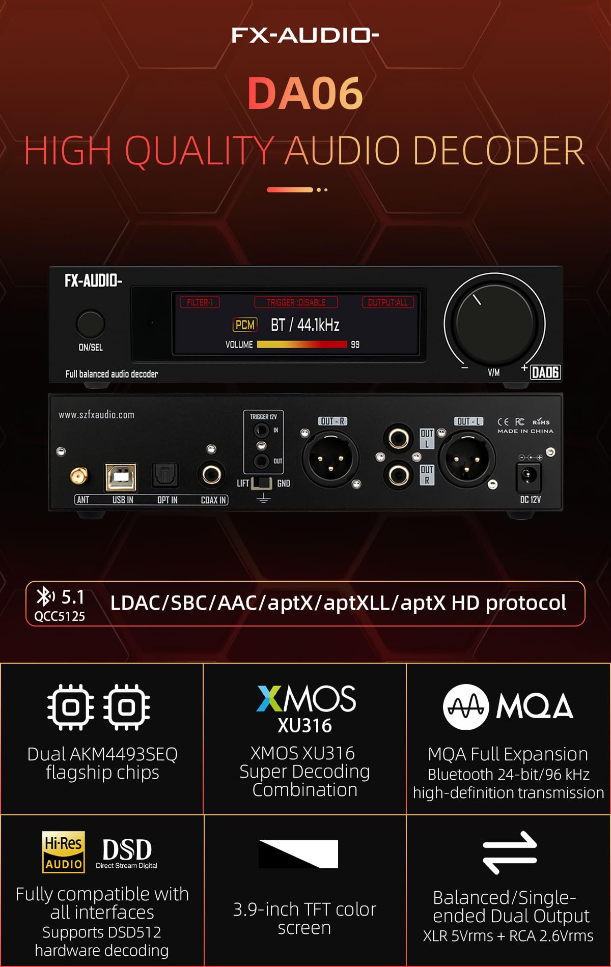FX-Audio- DA06 MQA Vollständig erweiterbarer Audio-Decoder Dual AKM4493SEQ XU316 768 kHz/32 Bit DSD512 Hi-Res Echt symmetrischer DAC mit Fernbedienung
