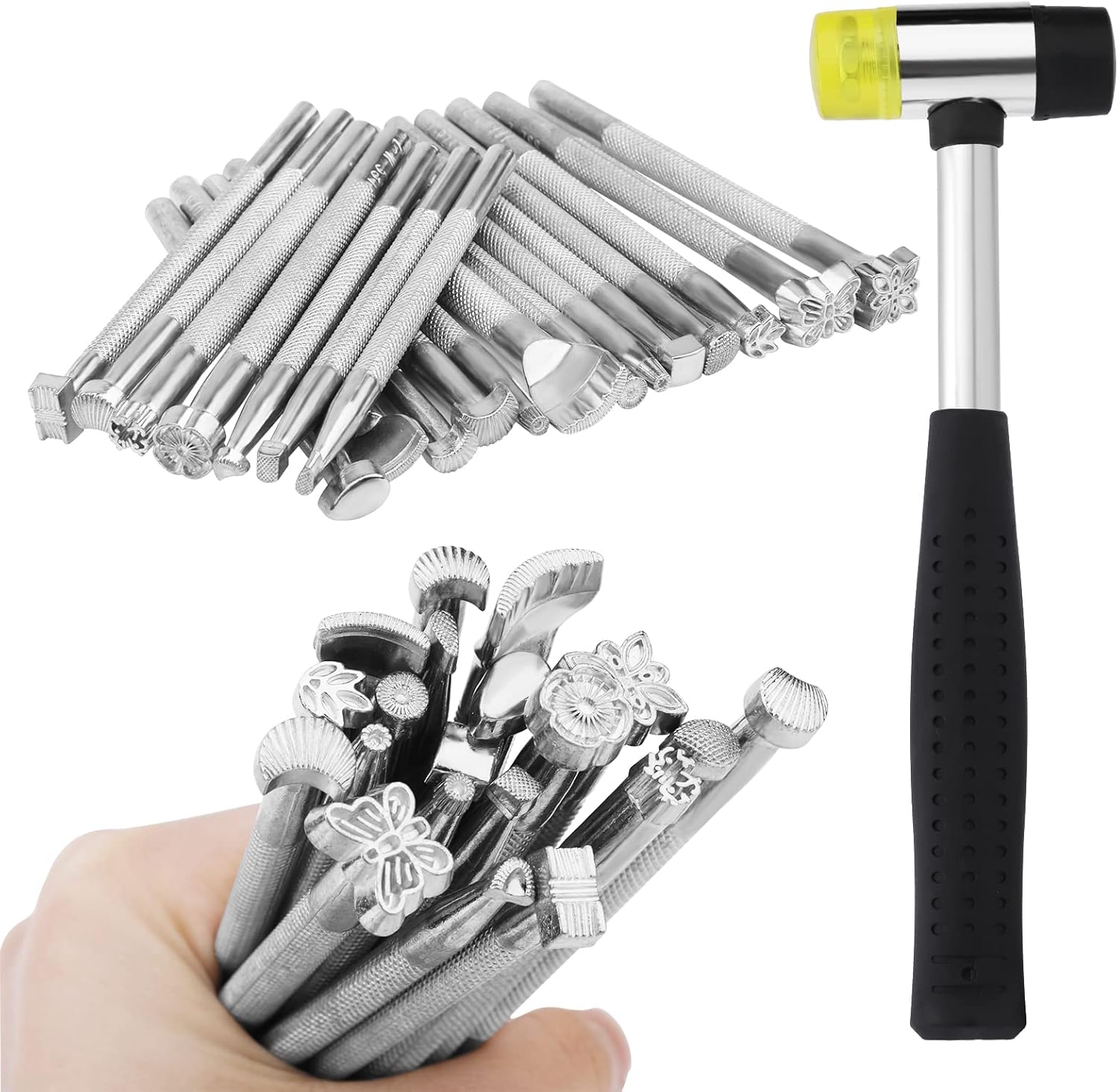 21 PCS Leather Stamping Tools, Leather Stamping Kit with Rubber Hammer, 20 Different Special Shape Leather Stamp Set Leather Carving Tools Leather Stamps for Leather Working