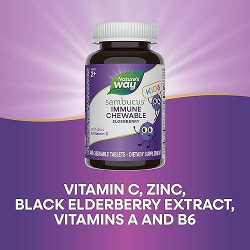Miniatura 4 de Nature's Way Sambucus - Masticable inmune para niños, saúco, a partir de 2 años, apoyo inmunológico*, vitaminas C y A, zinc, sin gluten, 40 tabletas