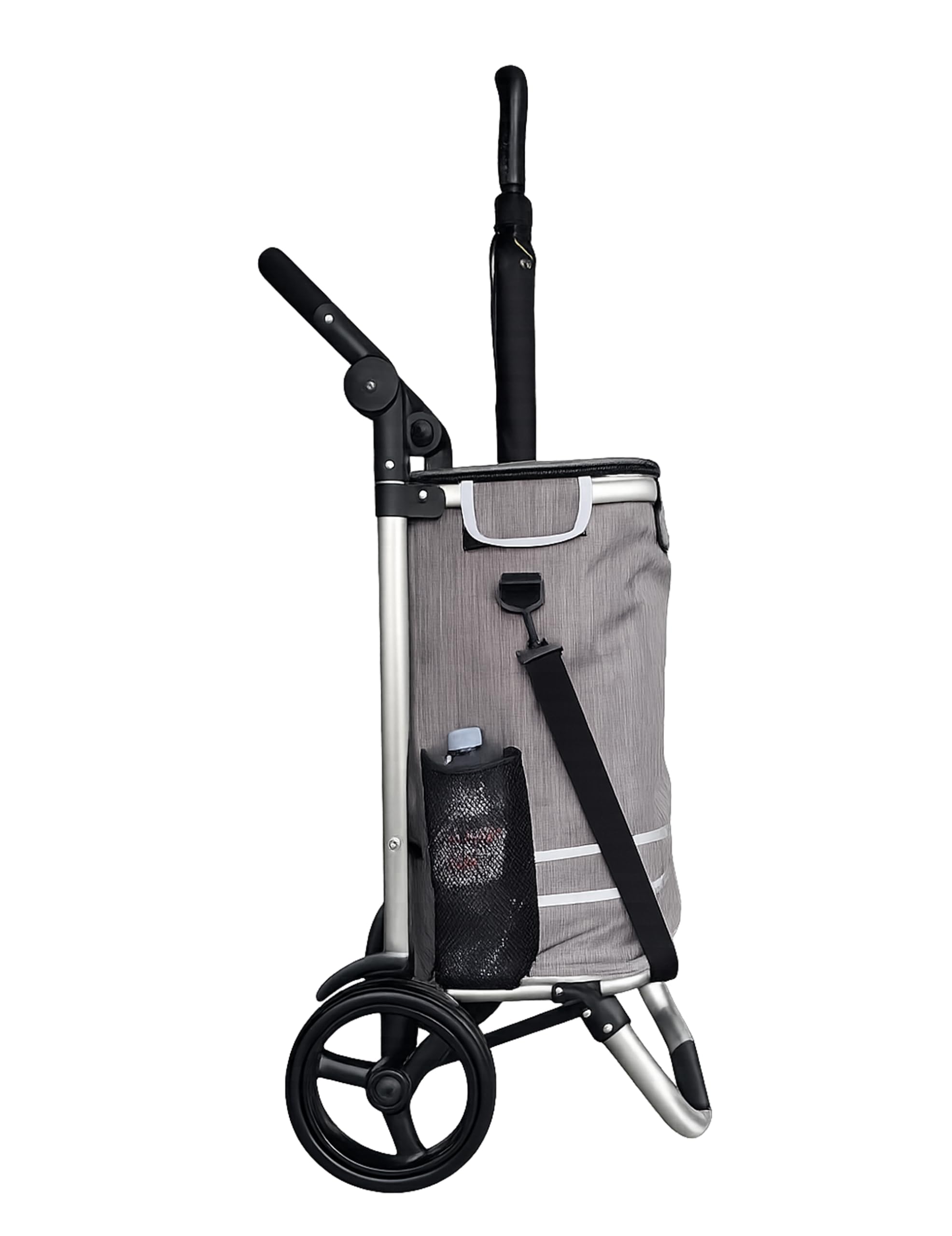 Faltbarer Aluminium Einkaufstrolley 57L (48L + 9L Kühlfach) Grau, 50kg Traglast, 35x45x98cm, Eva Leichtlaufräder Ø20,5cm, Klappbar, Als Sackkarre & Umhängetasche nutzbar, Einkaufswagen Haken