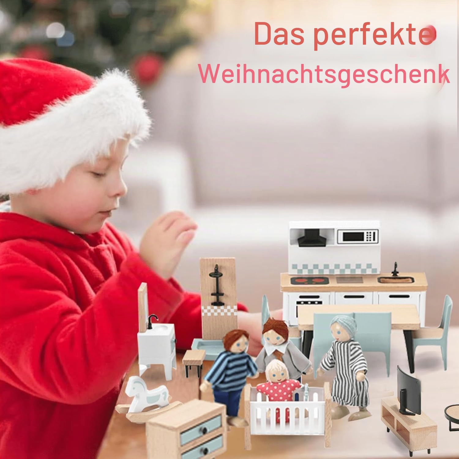 Giant bean Puppenhaus Möbel Holz Set, 36 Teilige Möbel mit 4 Familienpuppen, Puppen Zubehör Spielzeug für Jungen, Mädchen und Kleinkinder 3+ Jahren