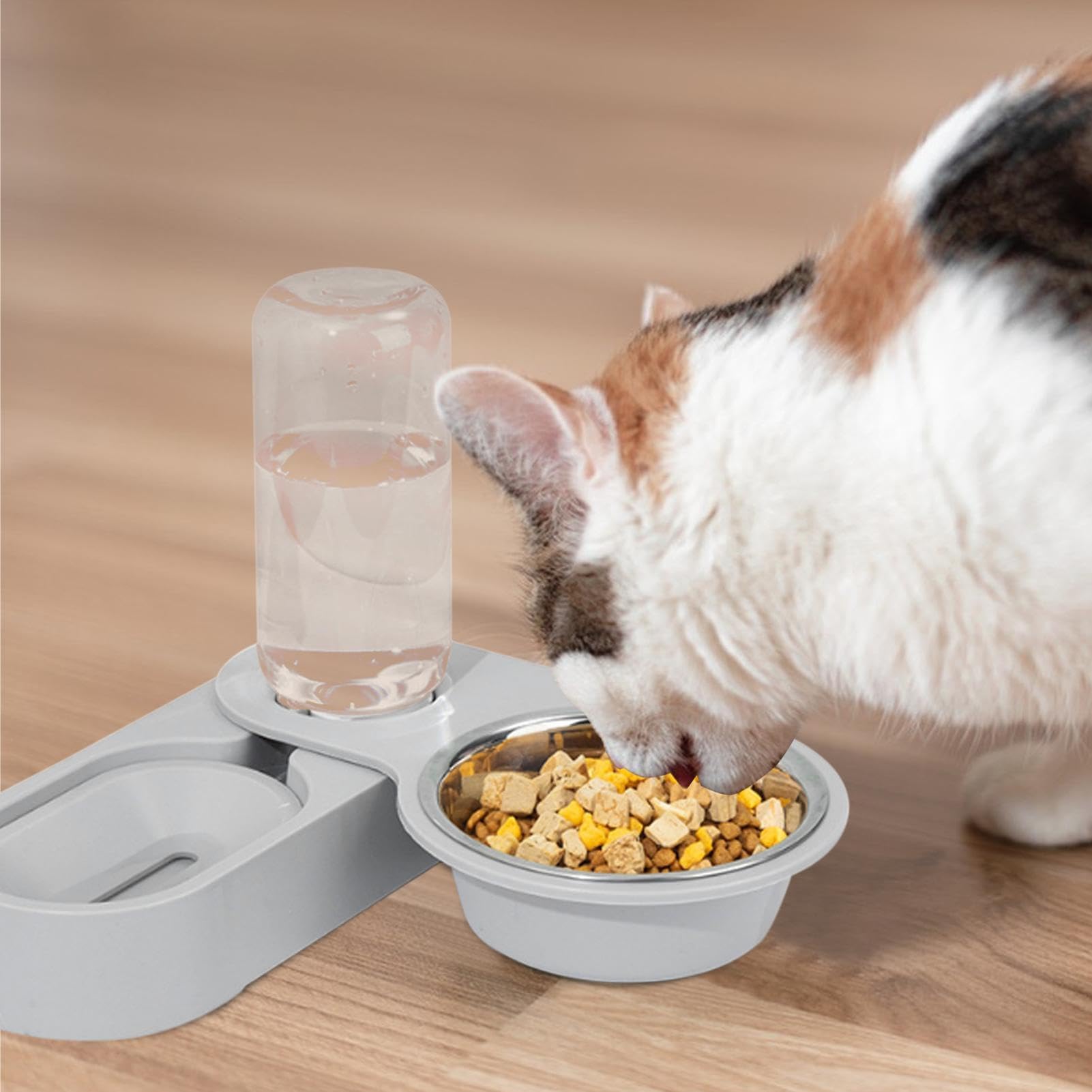 Ciotole per animali domestici, Distributore di acqua e cibo for gatti - Ciotole for animali domestici con bottiglia for bere portatile for, acciaio inossidabile antiscivolo(Gray)
