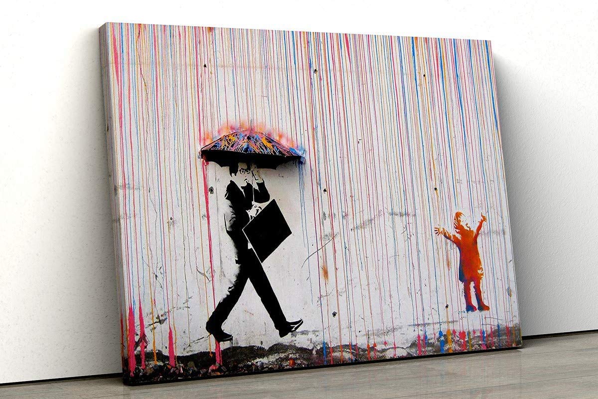 Fab Banksy Coloured Rain - Canvas Wall Art Framed Print- Various Sizes (A1 32X24 Inches)