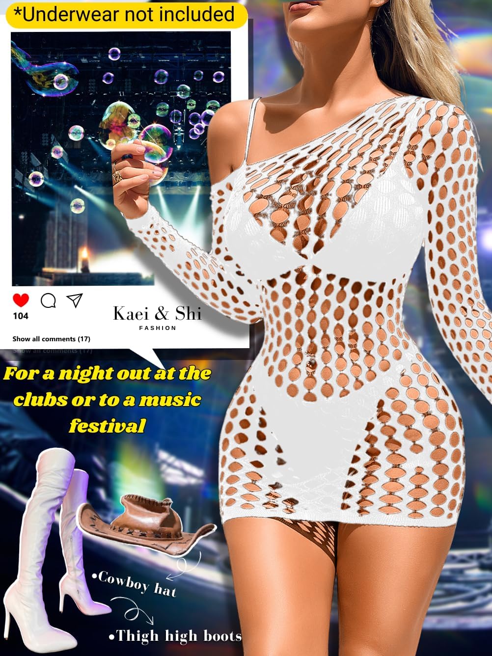 Kaei&Shi Sexy Cover Up, Hollow Out, Fishnet, Off One Shoulder Dress - Image 2
