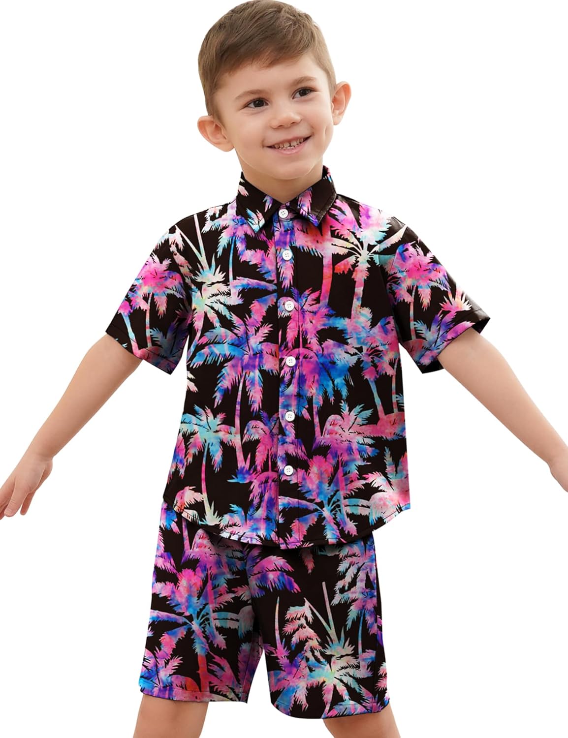 LecGee Boy's 2 Piece Outfits Hawaiian Shorts Sets Tropical Print Button Down Short Sleeve Shirt and Shorts - Image 2