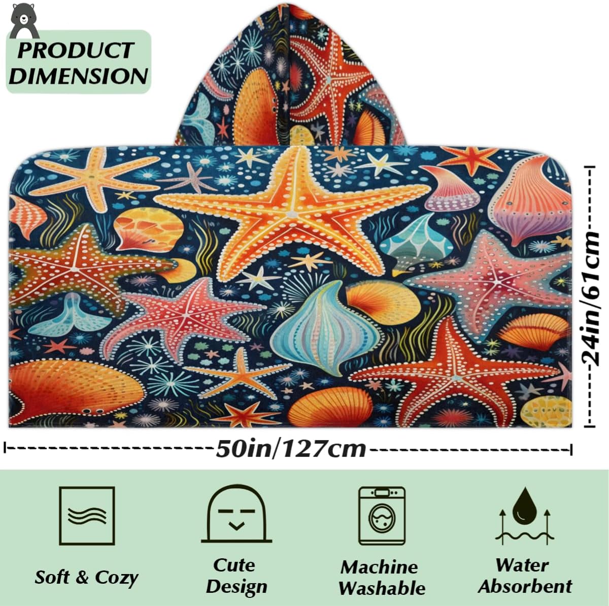 Kids Bath Towel Colorful Ocean Starfish Beach Towel with Hood Pool Cover Up for Girls Boys Soft Absorbent Hooded Bath Towel Toddler Towels for Beach, Pool