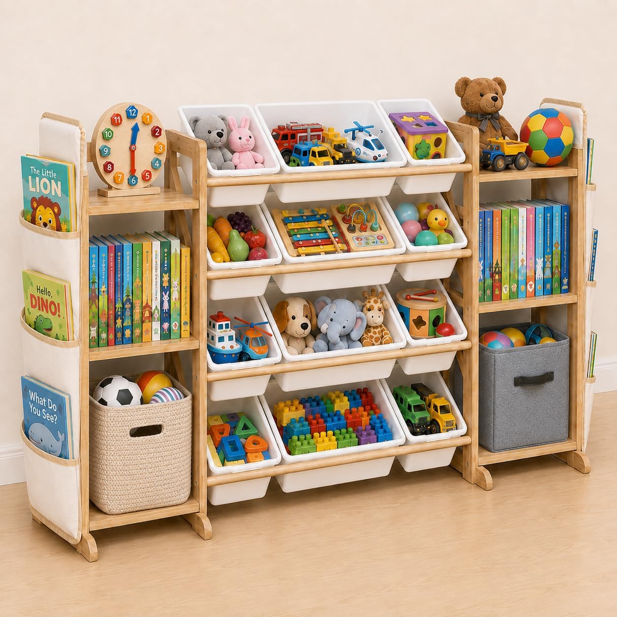 Toy Storage Organizer for Kids, 12 Bins, 2 Bookshelves & 2 Book Pockets