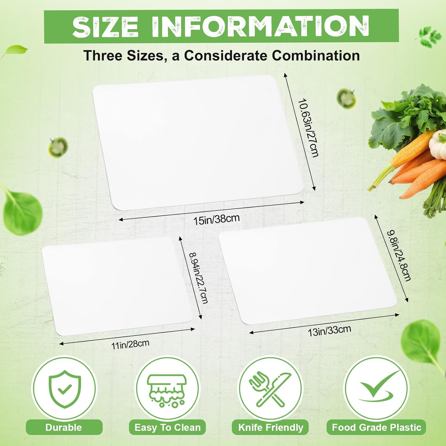 Hushee 120 Count 3 Size Disposable Cutting Board Sheets Bulk Flexible Plastic Cutting Mat 15" x 11", 13" x 10" and 11" x 9" Assorted Sizes Chopping Boards for Kitchen and Commercial Use
