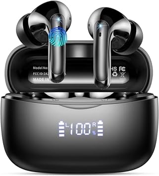 Earbuds Wireless Bluetooth Noise Cancelling for iPhone Android Sports Workout, 56H Playtime Waterproof LED Display in Ear Headphones, Black