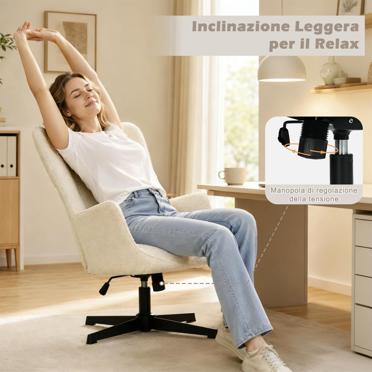 MEUBLE COSY Poltrona Imbottita Girevole Regolabile in Altezza, Sedia da Salotto Funzione di Inclinazione Libera, Poltroncina Relax con Schienale Alto in Tessuto Chenille, Beige