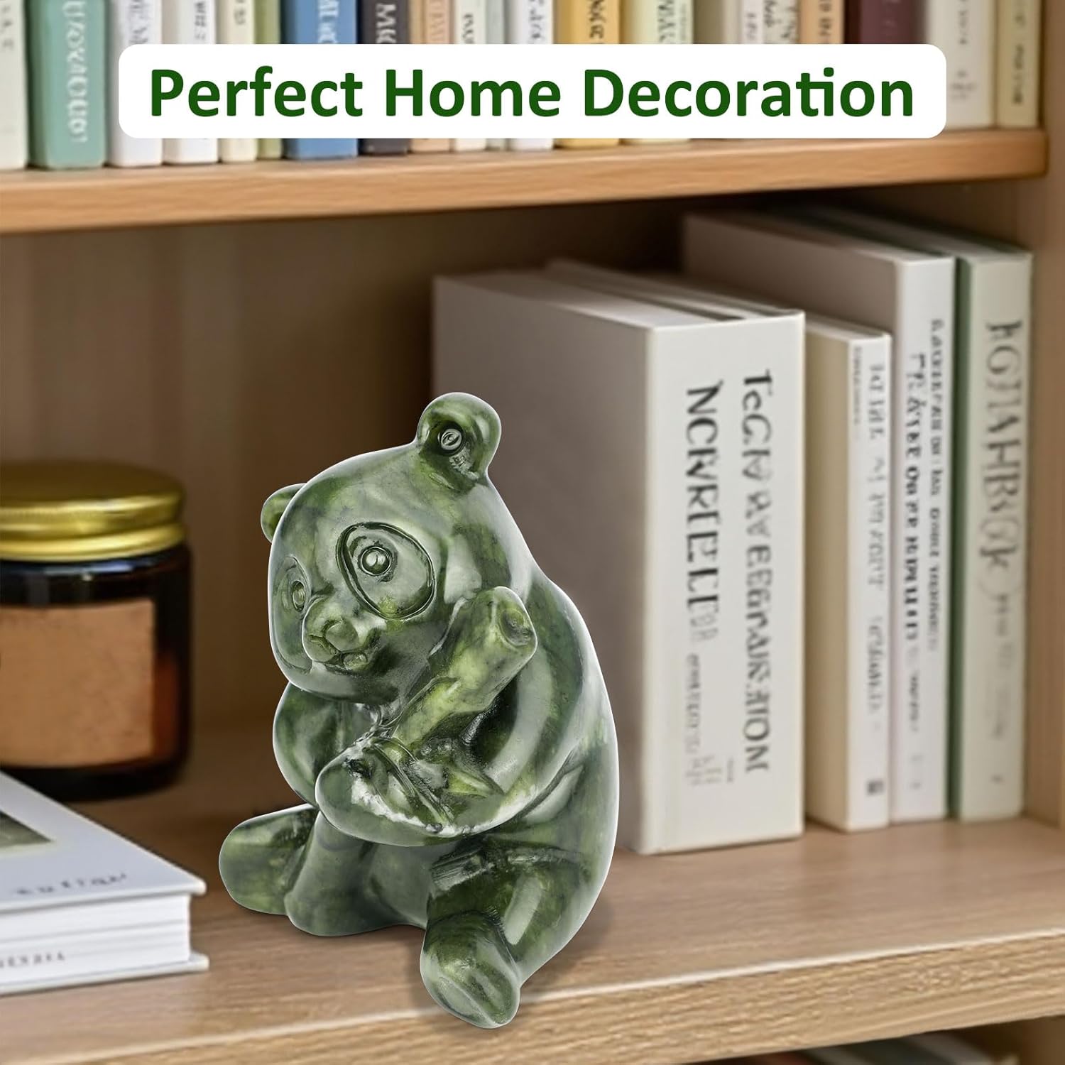 gemshan Green Jade Panda Statue - Natural Jade Figurine for Home Decor, Desk & Living Room