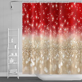 70x72inch Glitter Spots Shower Curtain Red and Gold Color Theme Shinny Dots Sequins Dreamlike Girly Woman Style Bathroom Curtain Fabric Polyester Bathtub Liner with Hooks