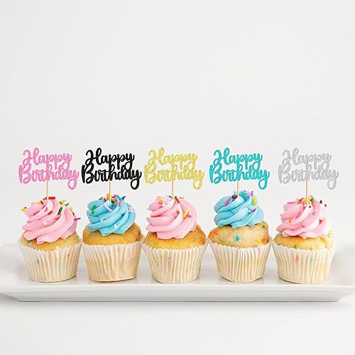 Miniatura 3 de Ercadio Paquete de 24 adornos para cupcakes de feliz cumpleaños, 6 colores, ensamblados para celebración, cumpleaños, baby shower, niños,