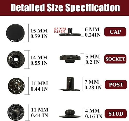 Miniatura 2 de Kit de 12 cierres de cuero resistente, 0.591 in, botones a presión de metal, con 4 herramientas de instalación, remaches de cuero y broches para
