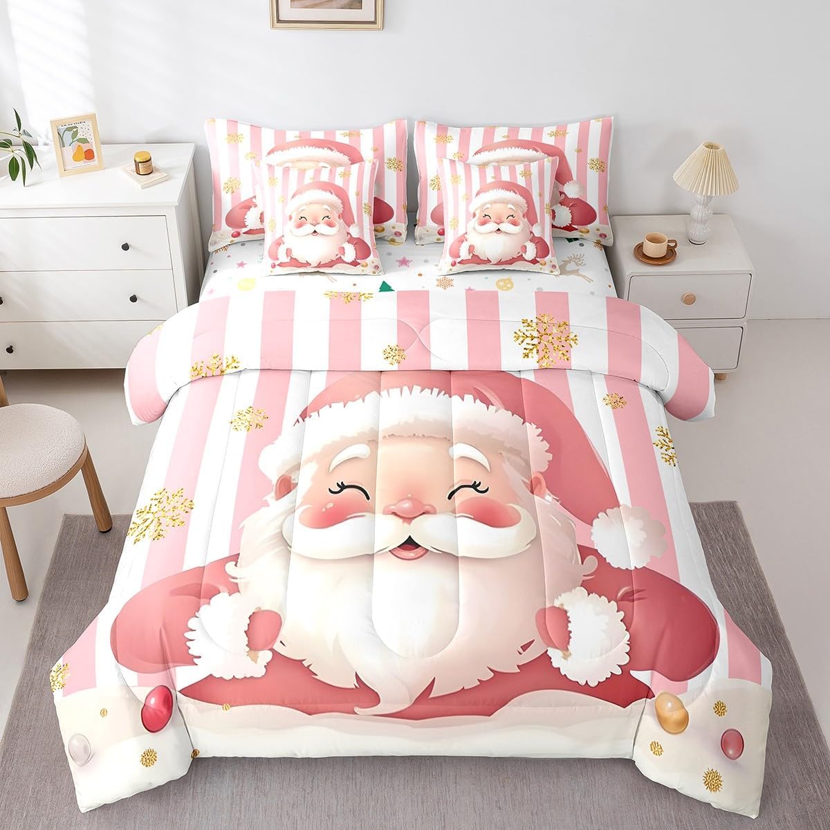 Feelyou Merry Christmas Decorations Twin Size Bed Set Santa Claus Bed in a Bag Pink Bedding Set Soft Warm Lightweight Comforter Set with Sheets
