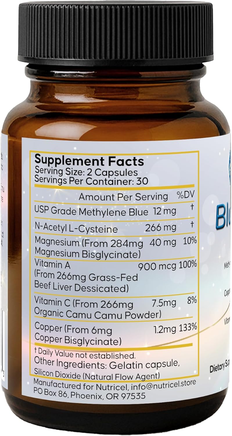 Nutricel Supplements Blue Immune 60 Capsules - Optimum Nootropic with USP Grade Methylene Blue, Grass Fed Beef Liver, Copper, Magnesium, Vitamin A, E, and C