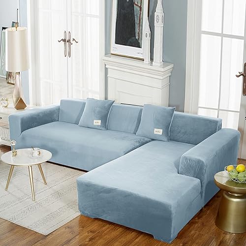 Fundas de sofá de alta elasticidad en forma de L, 2 fundas de sofá modulares, una para sofá porción uno para diván, de terciopelo, lavable,
