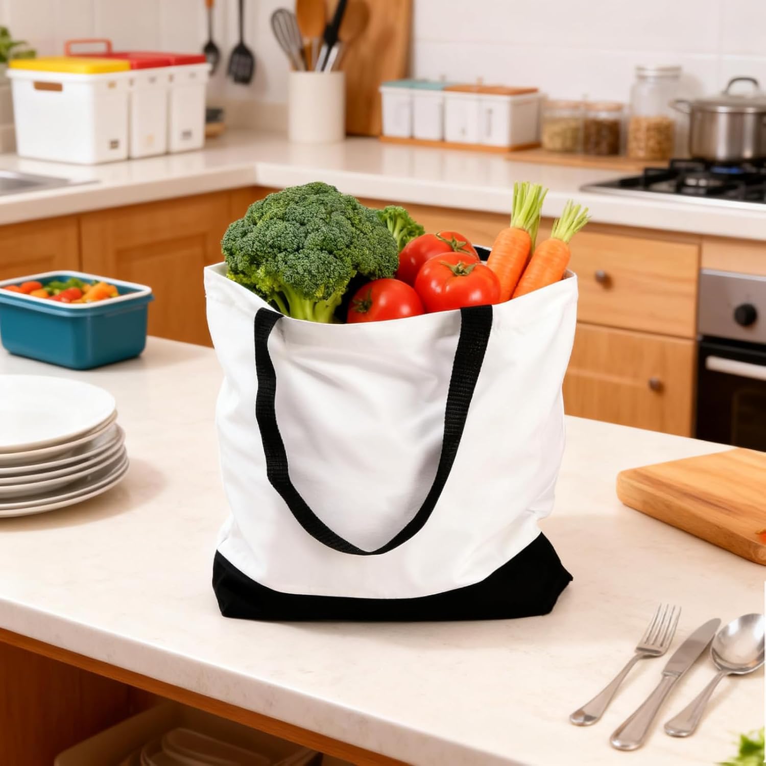 9 Pack Canvas Tote Bags, 18.5 x 16 IN Large Cotton Tote with Handle, Washable Reusable Shopping Bags, Multi-Purpose Kitchen Grocery Bag, Blank Cloth Tote for DIY, Beach, Holiday, Crafts - Image 3