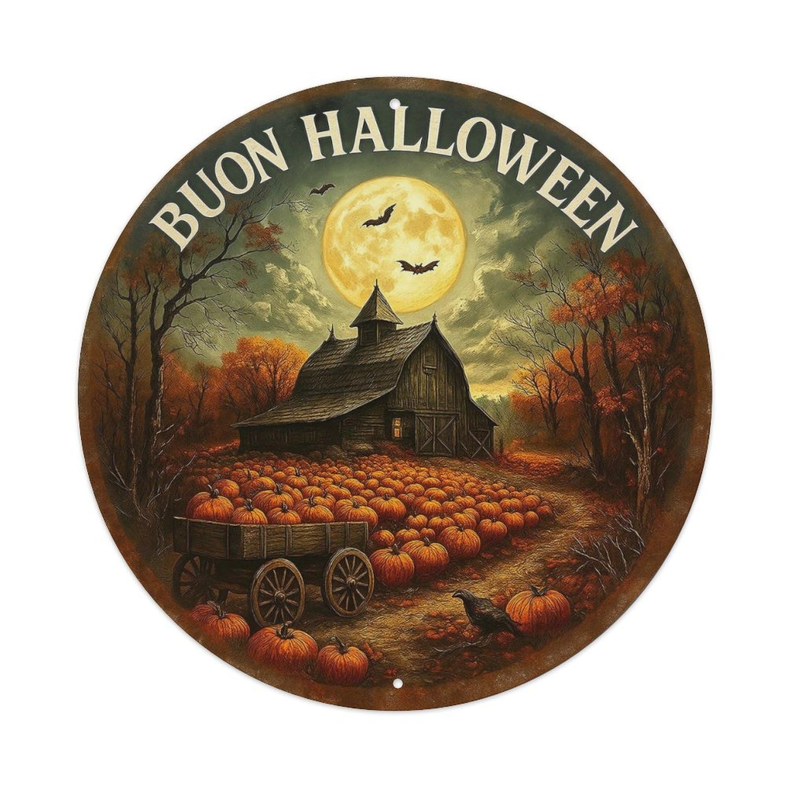 Barn Pumpkin Field Moon Bats Metal Tin Sign Plaque