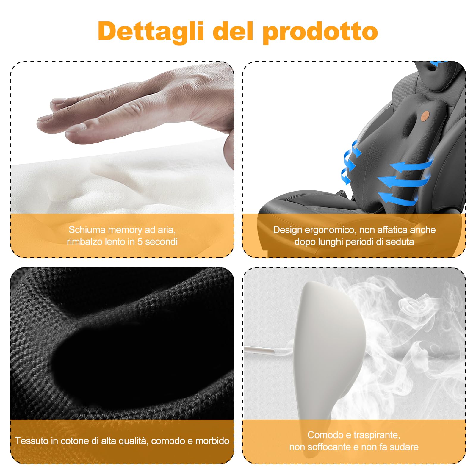 Ergocar Cuscino per Il Collo e Cuscino Lombare per Sedia da Ufficio/Auto/Gioco, Traspirante Memory Foam Cuscino Cervicale e Cuscino Lombare Supporto, Nero (Nessuna funzione di massaggio)