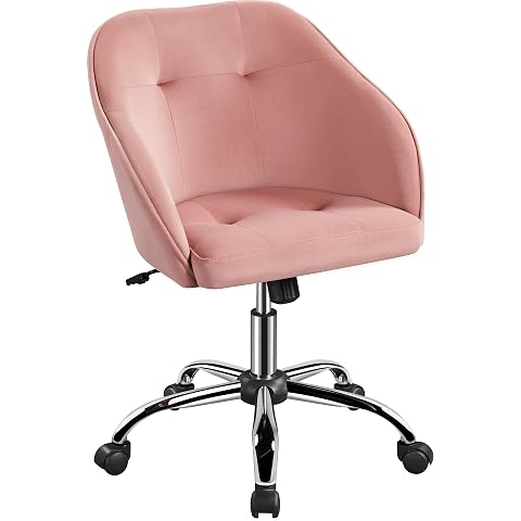 Yaheetech Pink Office Chair Small Cute Vanity Chair with Back Wheels Velvet Swivel Rolling Desk Computer Armchair for