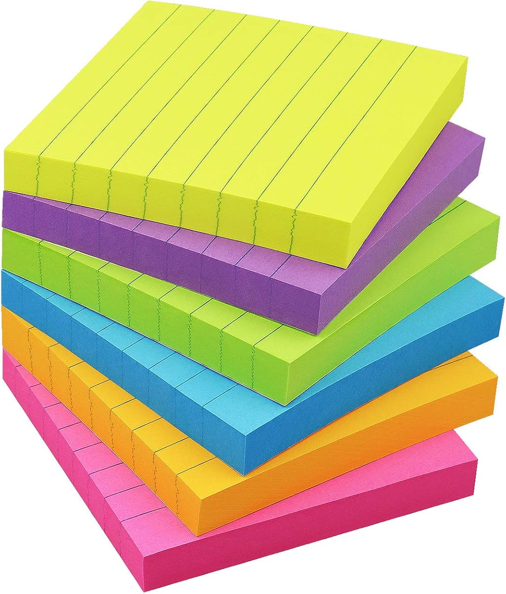 Lined Sticky Notes 3x3 in, 6 Bright Multi Colors,100 Sheet/Pad | Self-Stick & Removable, Office/School/Home Use