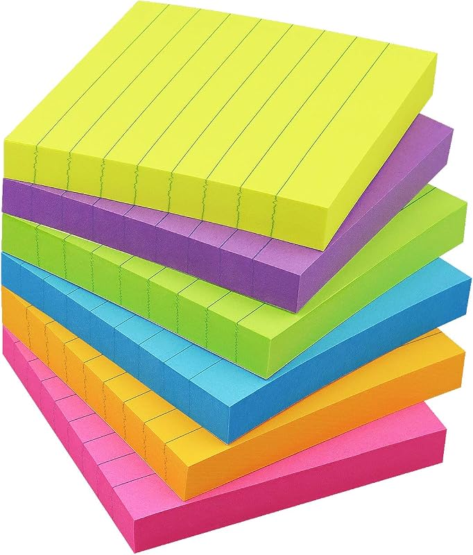 Lined Sticky Notes 3x3 in, 6 Bright Multi Colors,100 Sheet/Pad | Self-Stick & Removable, Office/School/Home Use