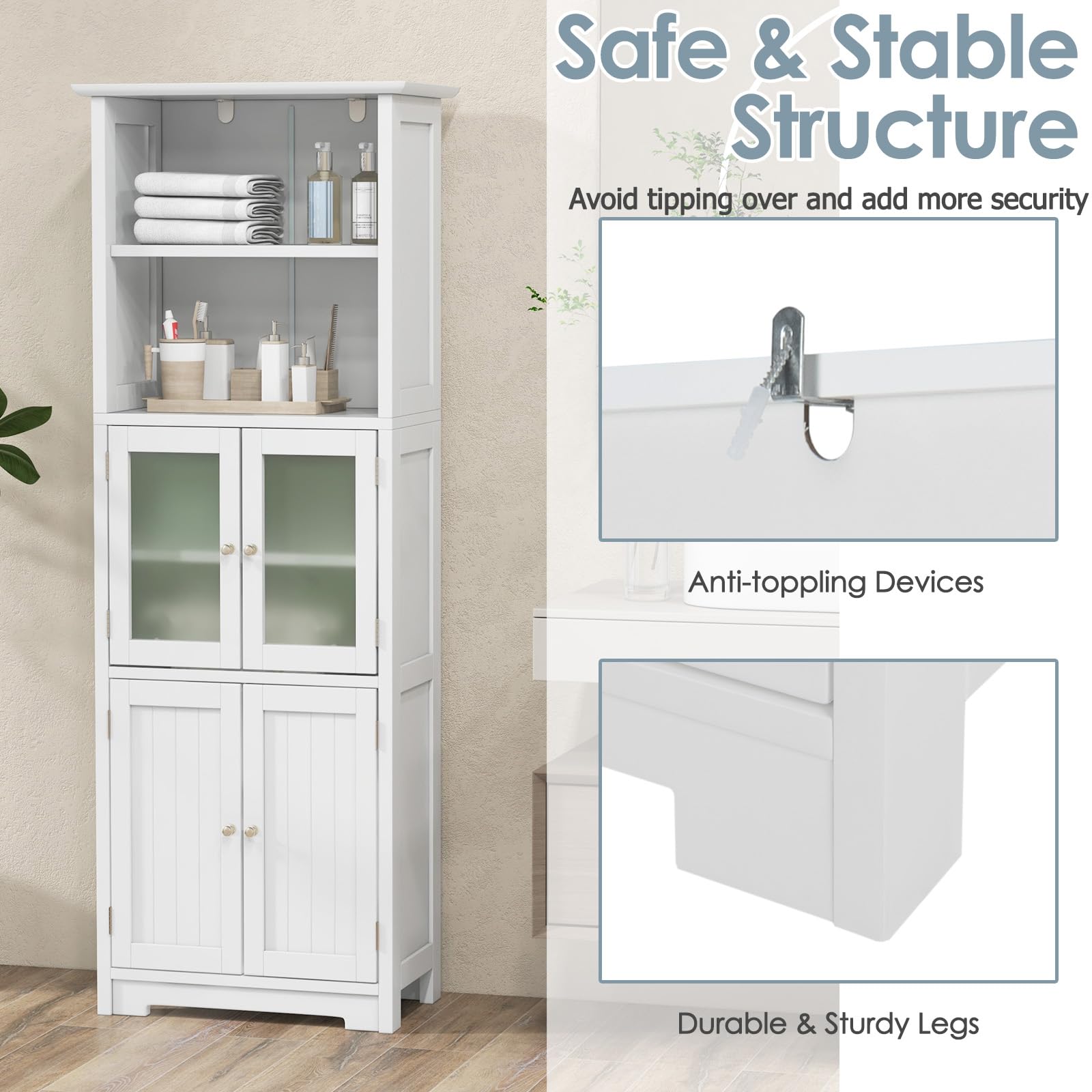 LIFEZEAL Armario Alto, Armario Independiente de Suelo con 4 Puertas, Gabinete con Estantes Ajustables, Mueble Organizador con 2 Puertas de Vidrio Templado para Baño, Cocina, Salón (Blanco)