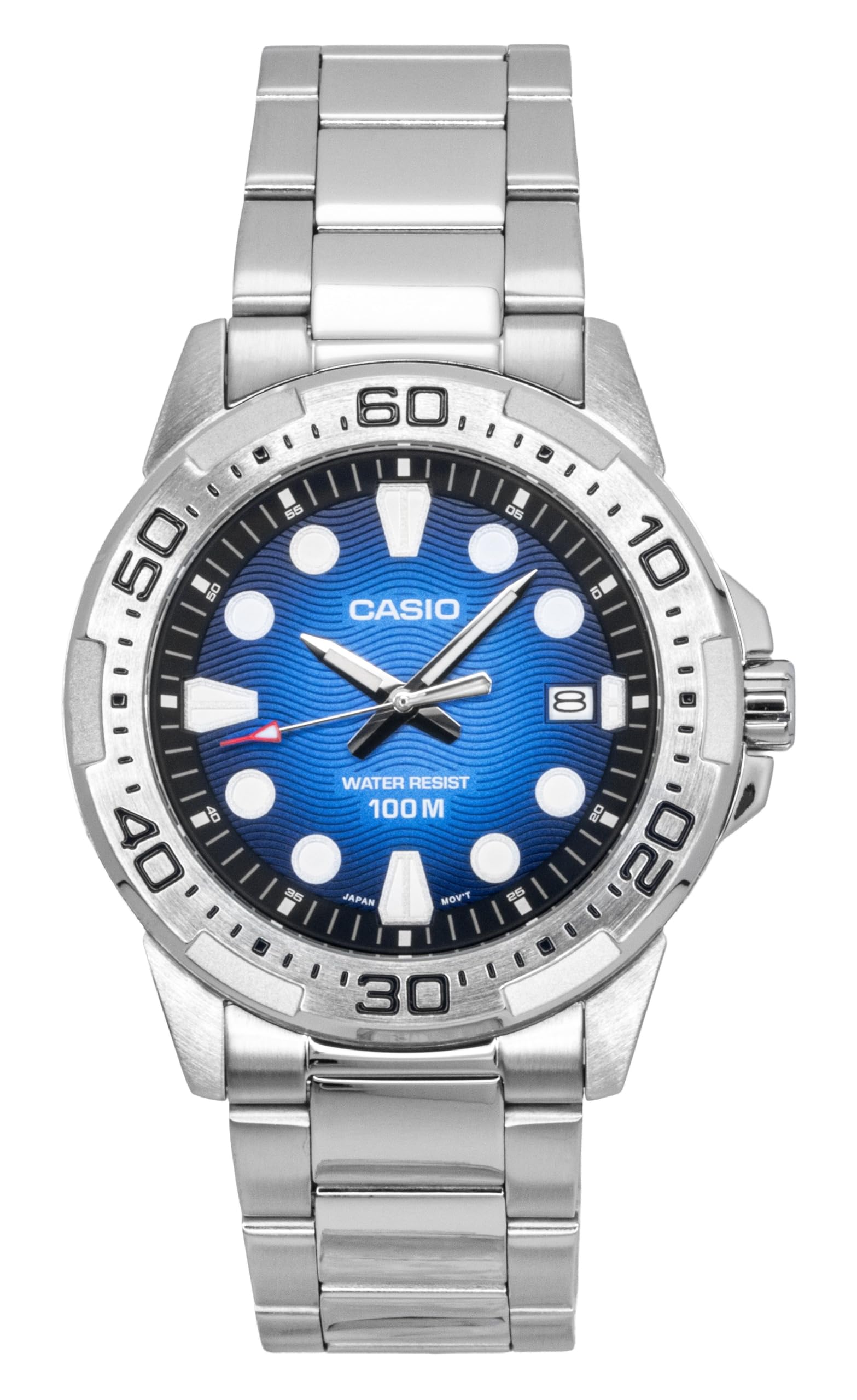 Casio MTD-140D-2AVDF męski zegarek analogowy, niebieska tarcza, stal nierdzewna, WR 100M, stalowa bransoletka, data