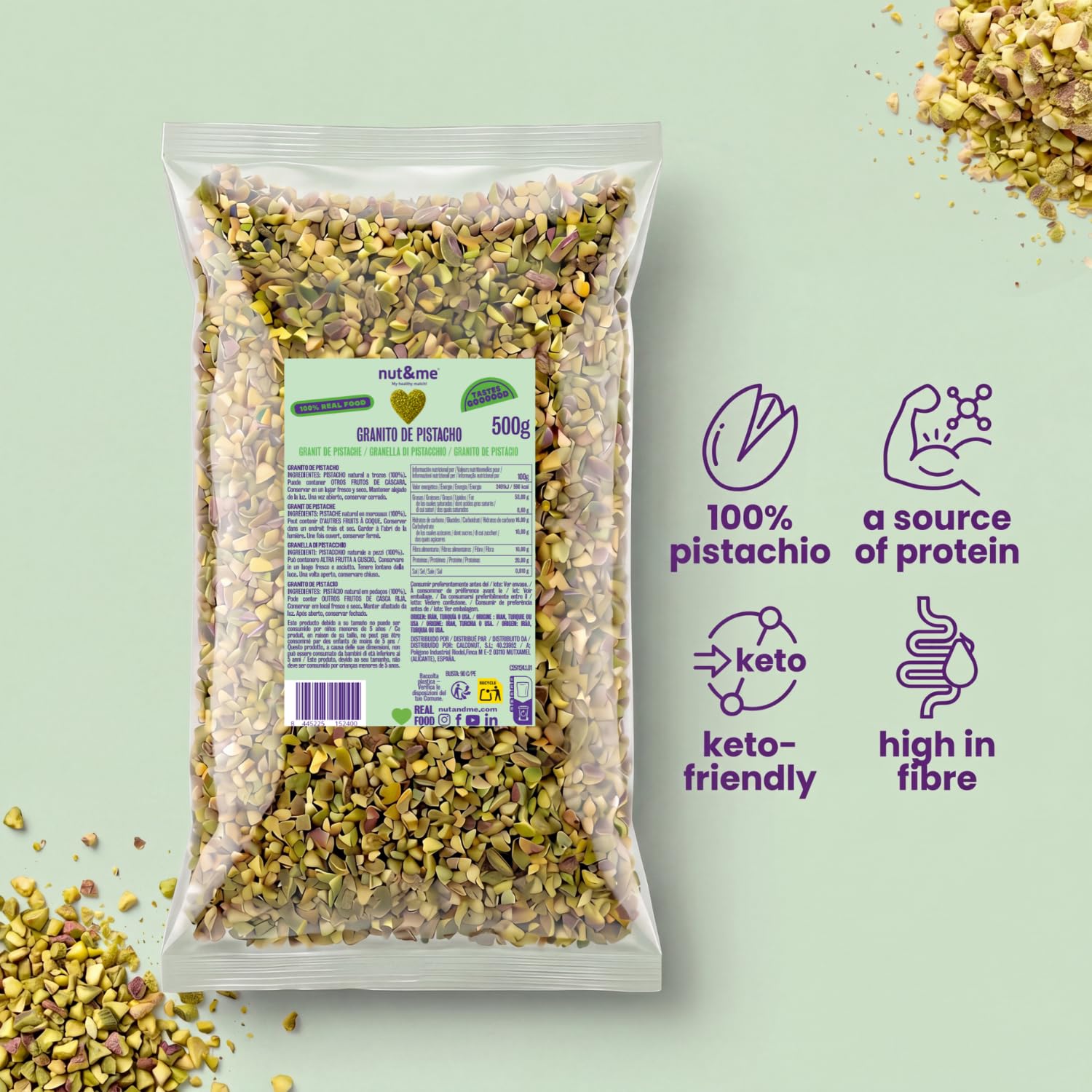 nut&me gehackte pistazien 500 g | Pistazienbruch | Geschält | Vegan | Hoher ballaststoffgehalt | Proteinquelle | Keto geeignet | Für backen und desserts
