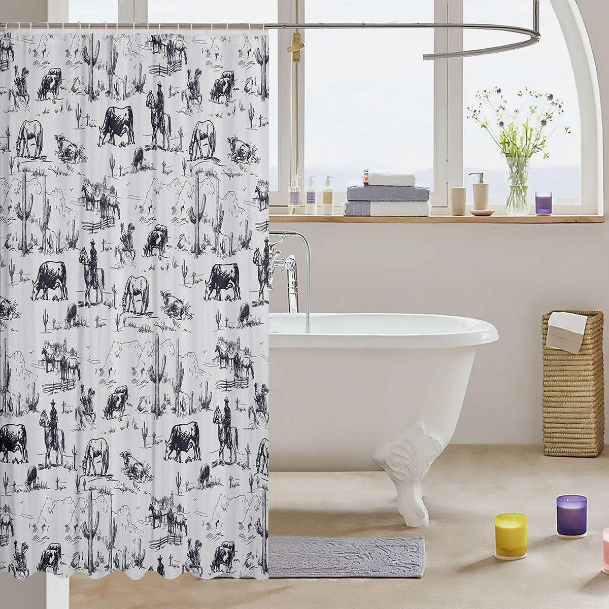 Feelyou Western Bath Curtain White and Black Cowboy Cow Shower Curtain Cowboy Bathroom Shower Curtain Set Desert Cactus Kids Bathroom Accessories 72"x78"