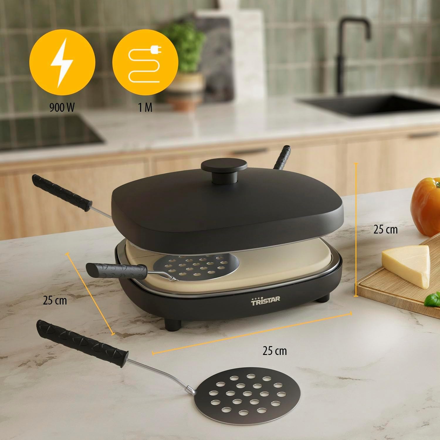Tristar Pizza Family 4 Pizza Maker, 25x25 cm, 900 W, Für 4 Personen, PFAS-freie Keramikbeschichtung, Abnehmbare Platten, 4 Pizzaschaufeln & Teigschneider, PZ-9174