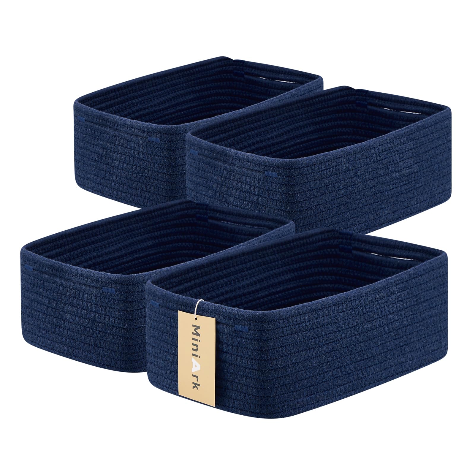 MiniArk Small Storage Baskets for Organizing | Closet Organizer Bins | Shelf Toy Basket | Woven Rope Baskets | Cube Decorative Box | Shallow Basket | 13x8.5x5.1” | 4 Packs Navy Blue