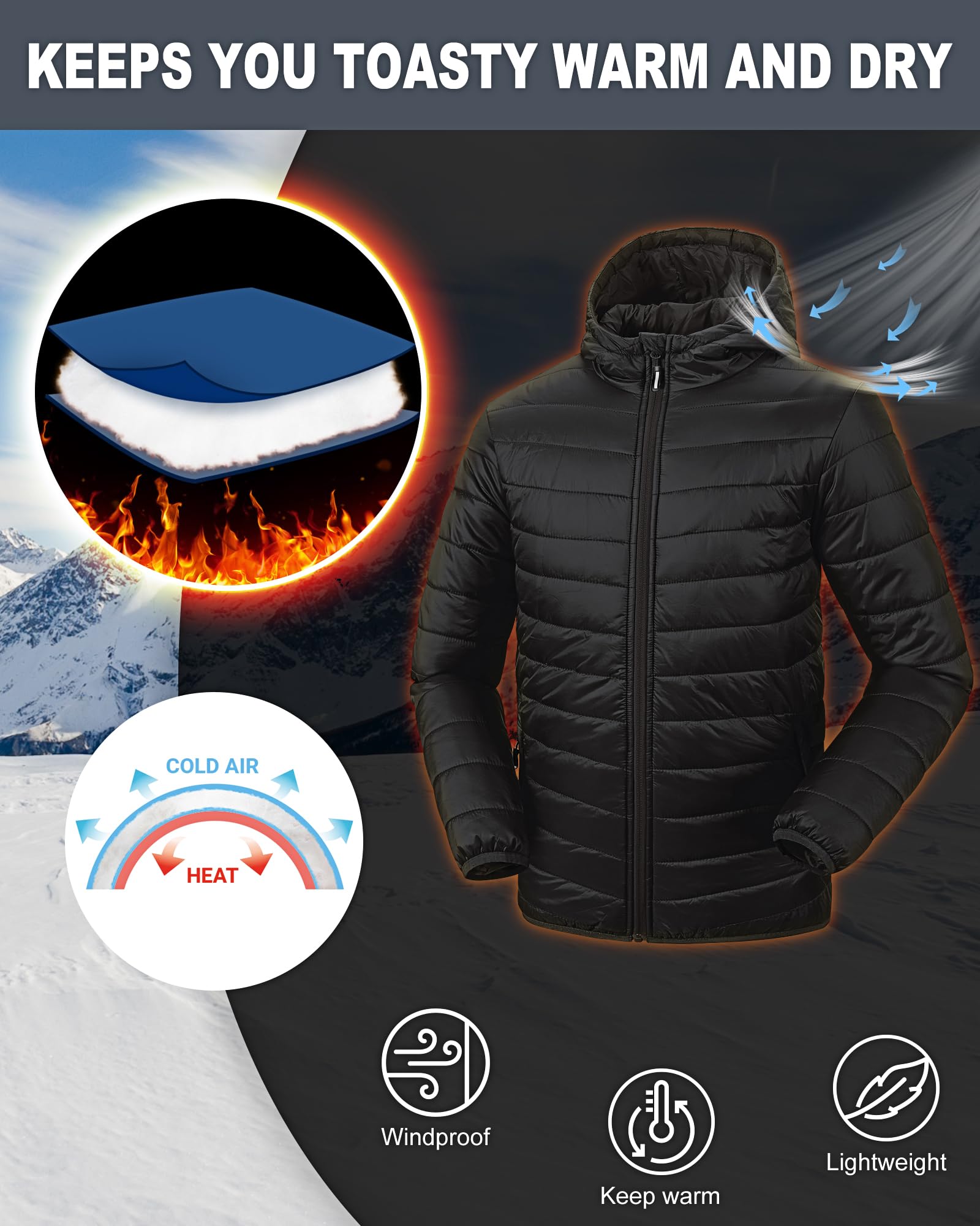 Outdoor Ventures Veste matelassée imperméable pour homme - Veste à capuche légère et imperméable - Avec poches