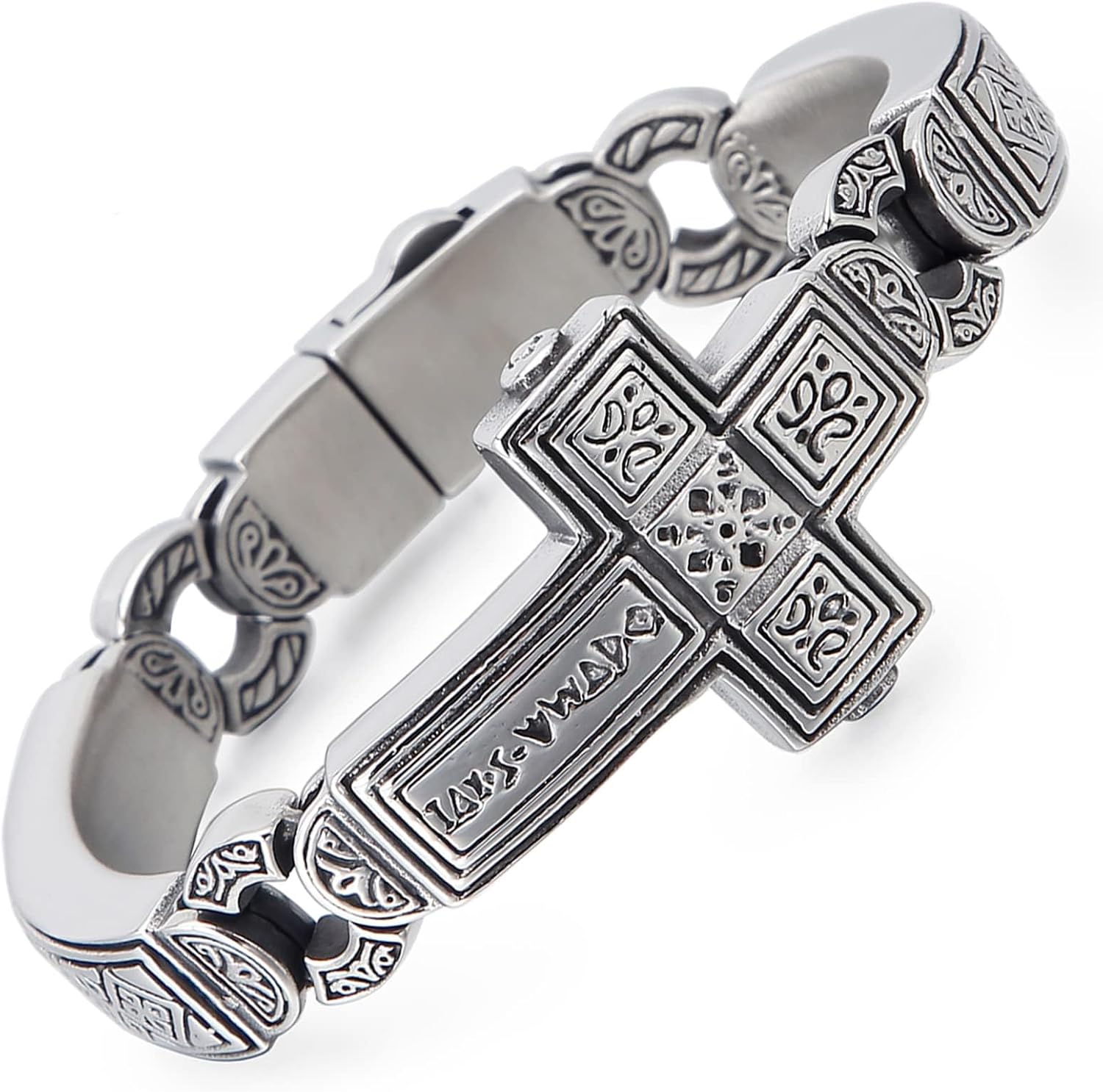 Mens Cross Stainless Steel Bracelet Vintage Retro Punk Cross Bracelet for Men, 8.66" Gothic Jewelry with Polished Engraved Design Men's link for Men