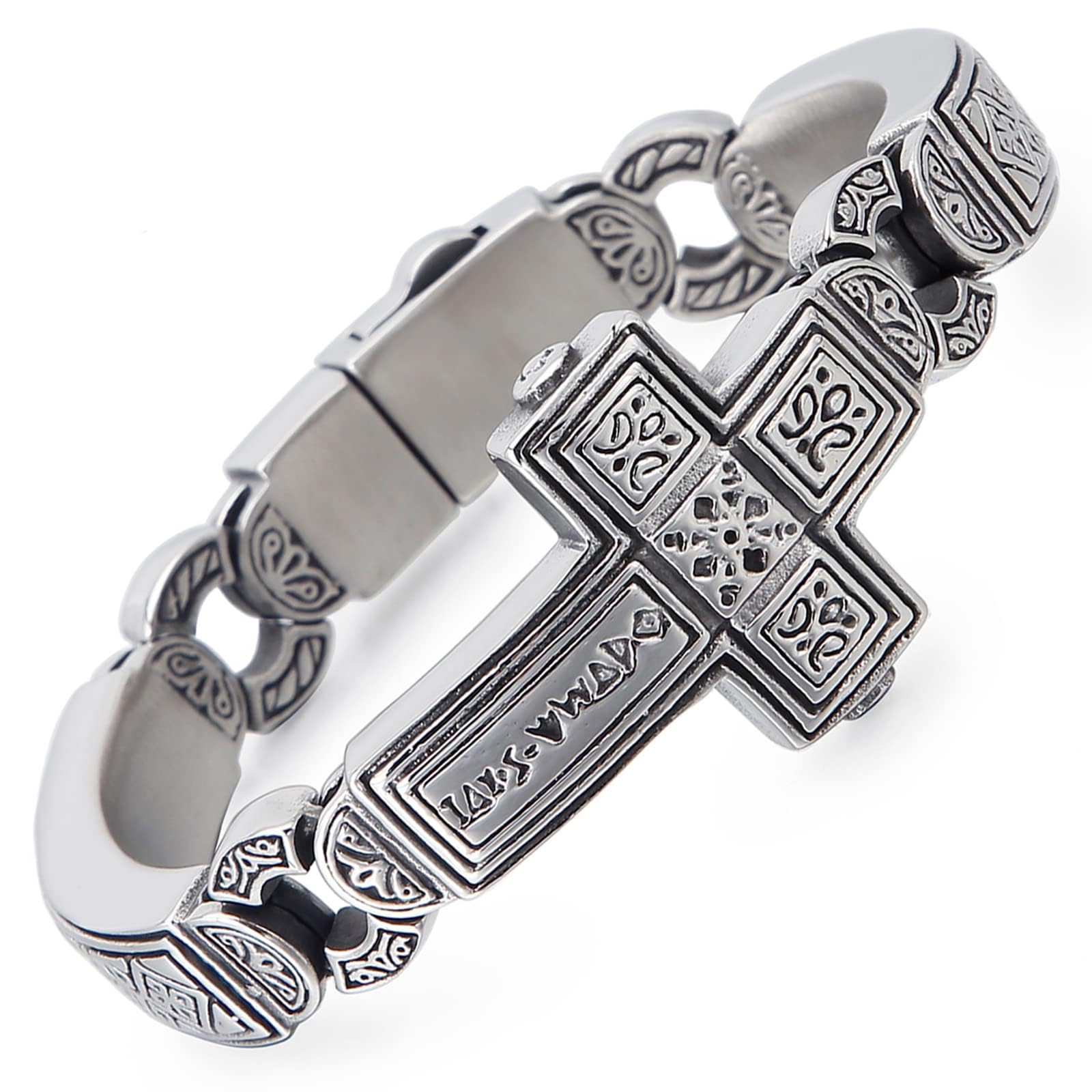 Pulsera de acero inoxidable para hombre, pulsera de cruz punk retro pesada para hombre, joyería gótica ajustable de 8.66 pulgadas con diseño grabado pulido negro, Acero inoxidable, No es una