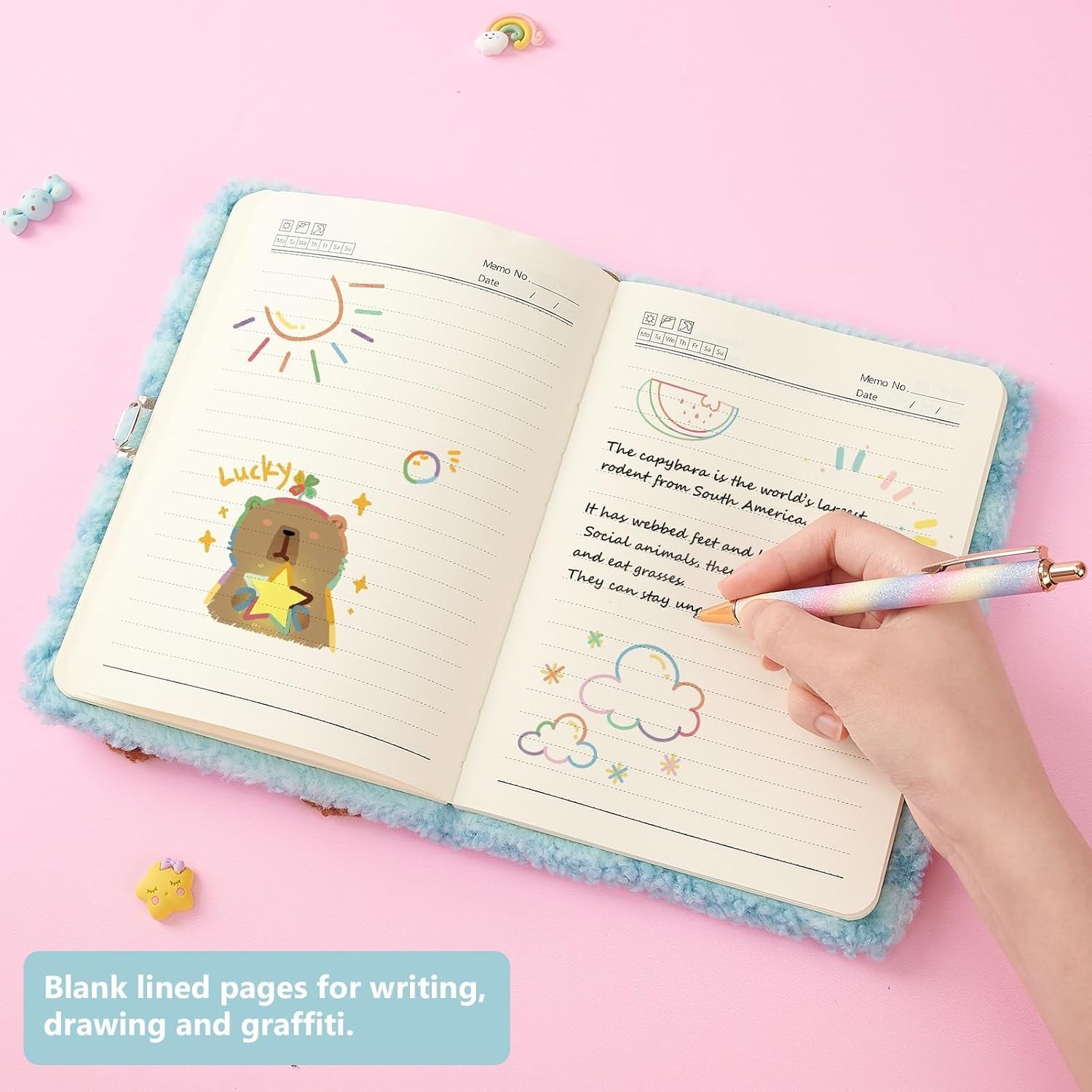 WERNNSAI Capybara Plush Kids Secret Diary for Girls with Lock and Key | Kids Journal Notebook Birthday Christmas Birthday Gift for 6 7 8-12 Year Old Girls, School A5 Lined Writing Drawing Notepad