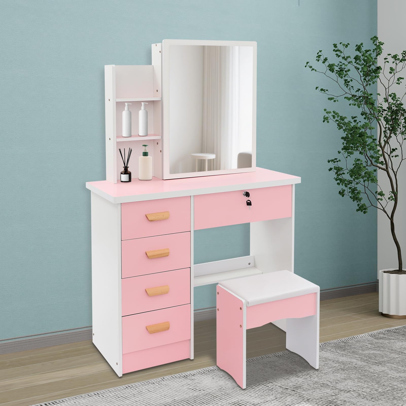 Coiffeuse avec miroir, 5 tiroirs, 6 compartiments, rose