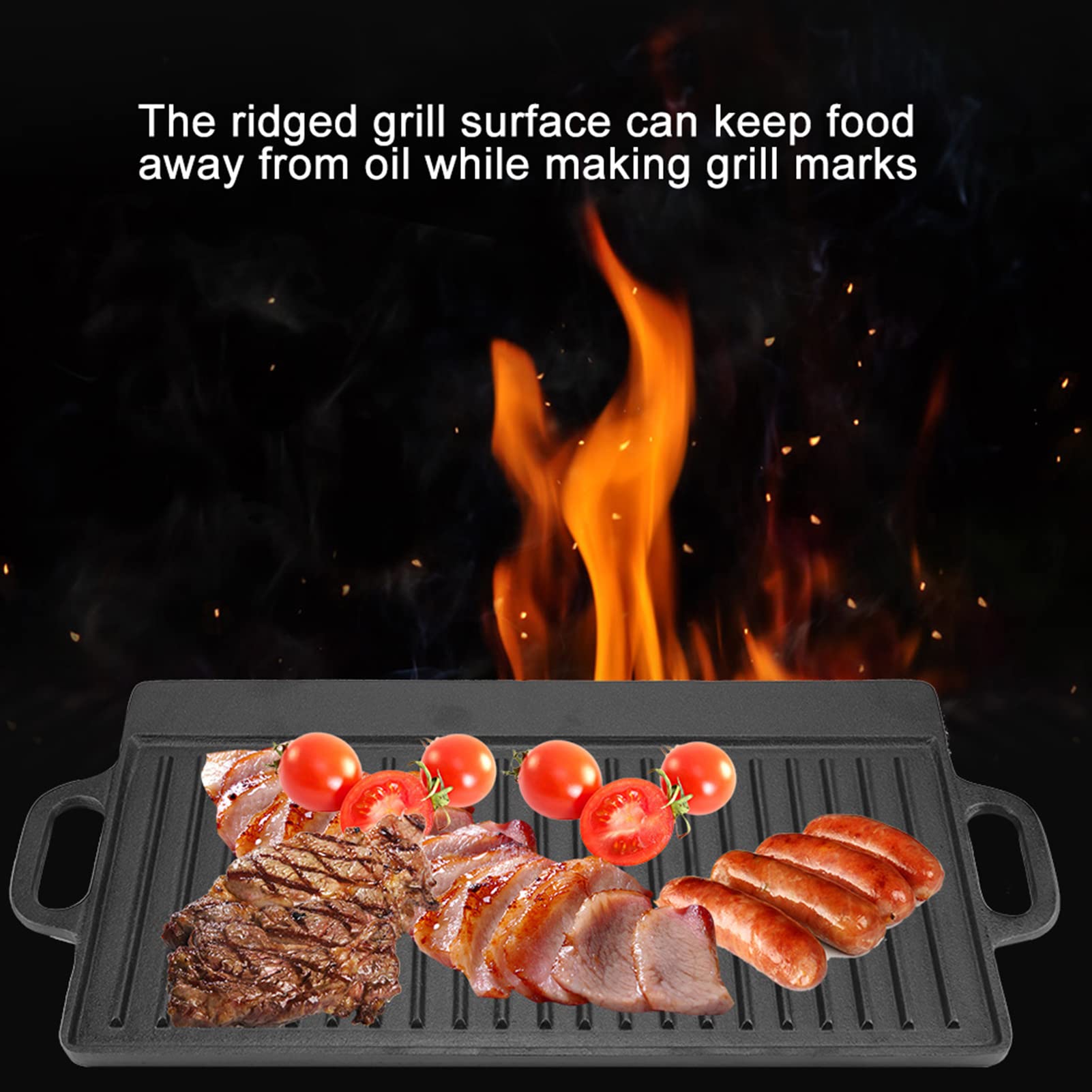 FLEXMAN Griddle Pan, 50.5X23.5X1.4Cmcast Iron Stove Top Flat Griddle Two Integral Handles Reversible Rectangular Grill for Oven, Gas Cooker, Induction Cooker, Outdoor BBQ, Stove
